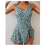 Eomenie One Piece Swimdress Swimsuits for Women Tummy Control Swim Dresses Skirt Bathing Suit Green Floral L