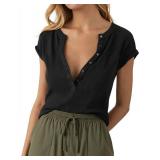 Tankaneo Women Deep V Neck Low Cut Tops Casual Ribbed Knit Henley T-Shirts Summer Short Sleeve Tees Black Small