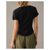 Tankaneo Women Deep V Neck Low Cut Tops Casual Ribbed Knit Henley T-Shirts Summer Short Sleeve Tees Black Small