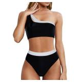 MOOSLOVER Women Cutout One Shoulder High Waisted Bikini High Cut Two Piece Swimsuits(L,Black White)