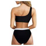 MOOSLOVER Women Cutout One Shoulder High Waisted Bikini High Cut Two Piece Swimsuits(L,Black White)