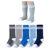 Baby Knee High Socks with Non-Slip Grip Toddler Girls Athletic Stripe Team Tube Socks for Soccer, Basketball, Baseball 5 Pairs Pack,3-5 Years