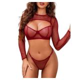 Avidlove Sexy Lingerie Set Rave Outfits For Women Fishnet Long Sleeve Crop Top Sheer Bra and Panty 3 Piece Wine Red L