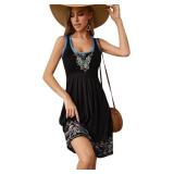 Camisunny Black Floral Tank Dresses Sundress for Women Casual Sexy Bathing Suit Knee Length Sleeveless Summer Beach Dress Size M