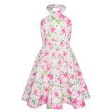 GRACE KARIN Girls Summer Hawaiian Dress Halter Neck Sleeveless Midi Floral Dress Size 8-10,Cherry White