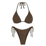 ZAFUL Sexy Swimsuit for Women Ribbed Halter Two Piece Bathing Suit High Cut Thong Cheeky Bikini Sets Deep Coffee XL