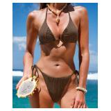 ZAFUL Sexy Swimsuit for Women Ribbed Halter Two Piece Bathing Suit High Cut Thong Cheeky Bikini Sets Deep Coffee XL