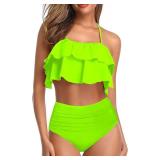 Tempt Me Women Neon Green Two Piece Swimsuits High Waisted Bikini Teen Ruffle Tummy Control Bottoms Halter Bathing Suits XS