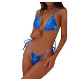 Women Halter String Bikini Set Floral Print Sexy Thong Cheeky Two Piece Swimsuits Lace Trim Bow Bathing Swimwear (Malachite Blue b, M)