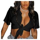 LovelyWholesale Womens Sexy Tie Front Crop Top Short Sleeve Casual Summer V Neck T Shirt Black Large