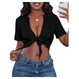 LovelyWholesale Womens Sexy Tie Front Crop Top Short Sleeve Casual Summer V Neck T Shirt Black Large