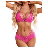 Avidlove Women Lingerie Lace Babydoll 2 Piece Sexy Bra and Panty Sets Pink 2xl