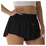 Flowy Athletic Shorts for Women Running Tennis Butterfly Shorts Girls 2-in-1 Double Layer Quick-Drying Comfy Shorts (Carbon Black, XX-Small)