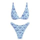 ZAFUL Bikini Sets for Women Triangle Textured Plunging High Cut Cheeky Bikini Swimsuits Two Piece Bathing Suits(3-Floral Blue, L)