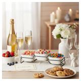 ZENFUN 10 oz Square Bowl Chip & Dip Serving Set, Pocelain Ramekin Bowls with Metal Rack Stand, White Small Serving Dishes, Condiment Serving Tray for Entertaining, Party, Buffets, Christmas