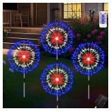 4th of July Decorations Outdoor 4 Pack Solar Garden Lights, Timer Remote Red White Blue Solar Firework Lights with 8 Modes, Waterproof Patriotic Pathway Light for Patio Independence Day Party Decor