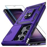 Janmitta Compatible with Samsung Galaxy S25 Ultra Case Built in Slide Camera Lens Cover+Screen Protector+Finger Ring Holder Kickstand,Heavy Duty Shockproof Full Body Phone Cover,2025 Purple