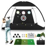 Golf Net, 10x7FT All-in-1 Home Golf Hitting Aid Set with Foldable Tri-Turf Practice Mat for Backyard Driving Chipping Swing Training with Scoreboard/Target/Balls, Gifts for Him Dad and Men Golfer