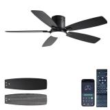 Ayaoty Ceiling Fans with Lights, 52 inch Low Profile Ceiling Fan with Light and Remote Control, Flush Mount, Reversible Motor, Dimmable, Noiseless, Black Ceiling Fan for Bedroom, Indoor/Outdoor Use