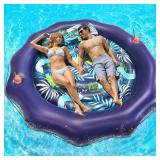 Korlon Tec Tanning Pool Lounger Float, Extra Large Inflatable Pool Floats Adult Heavy Duty with Pillow & Cup Holders, Round Water Pool Raft Floaties Bed for Backyard Lake River Beach Outdoor