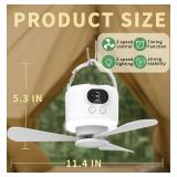 geonfi Wireless Portable Ceiling Fan with Remote, 3-Blade Design, 10040mAh Battery Operated, USB Rechargeable Hanging Fan with Hook for Tent, Camping, Outdoor, Emergency Use(White)