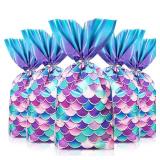 Frienda 100 Pcs Mermaid Party Favors Bags - Wide Bottom Cellophane Treat Bags with 100 Pcs Silver Twist Ties for Mermaid Birthday Party Supplies(Elegant Style)