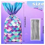 Frienda 100 Pcs Mermaid Party Favors Bags - Wide Bottom Cellophane Treat Bags with 100 Pcs Silver Twist Ties for Mermaid Birthday Party Supplies(Elegant Style)