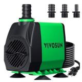 VIVOSUN 800GPH Submersible Pump(3000L/H, 24W), Ultra Quiet Water Fountain Pump with 10ft. High Lift with 6.5ft. Power Cord, 3 Nozzles for Fish Tank, Pond, Aquarium, Statuary, Hydroponics Green