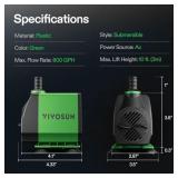 VIVOSUN 800GPH Submersible Pump(3000L/H, 24W), Ultra Quiet Water Fountain Pump with 10ft. High Lift with 6.5ft. Power Cord, 3 Nozzles for Fish Tank, Pond, Aquarium, Statuary, Hydroponics Green