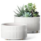 LE TAUCI Succulent Pots, 6.5+8 Inch Ceramic Indoor Plant Pot with Drainage Hole, Shallow Round Succulent Planters, Set of 2, Matte White