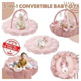 HAN-MM 5-in-1 Convertible Baby Play Gym with 6 Toys, Tummy Time Mat for Sensory Development, Baby Activity Center from Newborn to Toddler, Ball Pit, Soft Plush Pet Mat, Pink