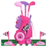 Liberry Toddler Golf Set with Putting Mat for 2 3 4 Years Old Boys Girls, Upgraded Kids Golf Cart with Unique Shoulder Strap Design, Indoor and Outdoor Golf Toys Christmas Gifts (Pink)