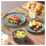 vancasso Starry Plates and Bowls Sets,12 Pieces Green Dinnerware Sets for Kitchen,Modern Stoneware Dishes Set for 4,Dishwasher and Microwave Safe