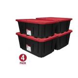 (Pack of 4) Hyper Tough 27 Gallon Large Storage Bin with Snap Lid, Black and Red, Heavy Duty Plastic Storage Container