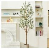 7 ft Artificial Olive Plants with Realistic Leaves and Natural Trunk, Silk Fake Olive Tree in Black Plastic Pot, Faux Olive Tree for Office Home