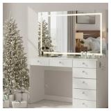 Boahaus Zoe Vanity Set with LED Mirror, Bluetooth Speakers & Large Storage, White (DAMAGED-See Pics) - Retail: $376