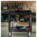 Utility Cart,550 lbs Capacity, 2 Shelf Heavy Duty Plastic Service Cart with Wheels, Rolling Storage Work Carts Suitable for Warehouse, Garage, School & Office, Cleaning Black (DAMAGE) - Retail: $96