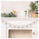 Glitinsel Garland Wooden Watercolor Banner Cute Beads Hanging Garland Rustic Farmhouse Spring Decor for Festive Party Office School Supplies(Boho White Daisy) - Retail: $9