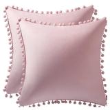 18x18 Throw Pillow Covers Pink: 2 Pack Cozy Soft Pom-poms Velvet Square Decorative Pillow Cases for Farmhouse Home Decor - Retail: $16
