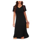 Black Summer Casual Short Sleeve Black T-Shirt Dress for Women Stretchy V Neck Solid Dresses Black Medium - Retail: $17