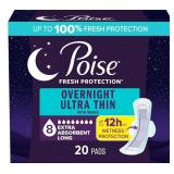 Poise Overnight Ultra Thin Incontinence & Postpartum Pads with Wings for Bladder Leaks, 8 Drop Extra Absorbent, Long Length, 20 Count - Retail: $15