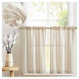 Taupe Striped Linen Kitchen Curtains 24 Inch Cafe Tier Curtains Balanced Stripe Farmhouse Small Drapes for Bathroom Laundry Over Sink Half Window Light Filtering 2 Panels Tan on Linen - Retail: $19