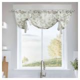 2 Pack Tie Up Valance Floral Linen for Window Farmhouse Valance 24 Inch Peonies Botanical Short Window Treatment Adjustable for Kitchen Living Room Light Filtering Sage Green on Beige - Retail: $19