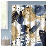 Abstract Blue Gold Shower Curtain, Boho Aesthetic Unique Modern Minimalist Simple Bathtub Curtains Decor for Bathroom Set, Washable Fabric Cloth Waterproof with 12 Hooks, 72x72 Inch - Retail: $18