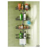 Corner Shower Caddy Tension Pole: 4-Tier Rust-Resistant Adjustable Bathroom Organizer Shelves - 47-121 Inch No-Drill Quick Installation - Space-Saving Storage for Renters Families - Black - Retail: $5