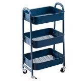 AGTEK Makeup Cart, Movable Rolling Organizer Cart, 3 Tier Metal Utility Cart, Navy Blue - Retail: $40