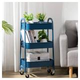 AGTEK Makeup Cart, Movable Rolling Organizer Cart, 3 Tier Metal Utility Cart, Navy Blue - Retail: $40