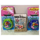 Clear Bird Feeders w/ Suction Cup and Book, 2 Fishing Games - all new
