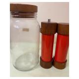 Vintage Glass Canister, Pepper Grinder and Salt Shaker Set