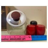 Small Glass Canister, Metal Lid w/ Red/Brown Handle (New in Box), Vintage Salt/Pepper and Gemco Cheese Shakers